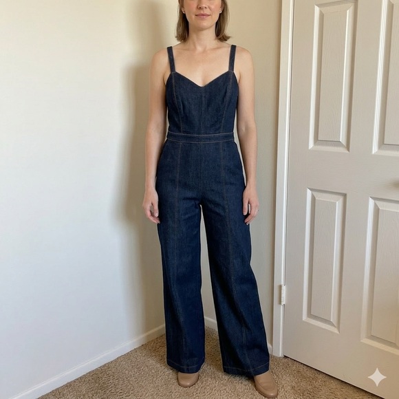 Banana Republic Pants - Banana Republic Denim Wide Leg Jumpsuit Size 8 Dark Blue Cotton Adjustable